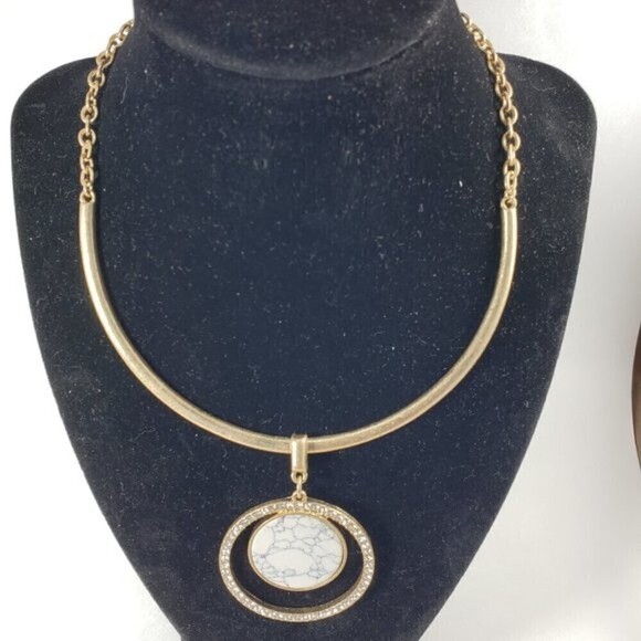 Polished Gold Plated Statement Necklace with Hoop Round Plate Rhinestone Pendant - Picture 1 of 5